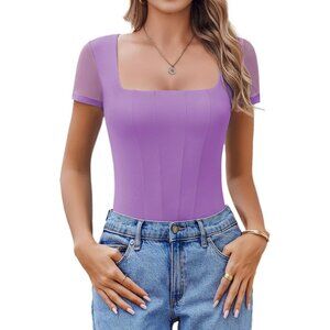 Women's Lilac Short Sleeve Sexy Neck Double Lined T Shirt Bodysuits Tops